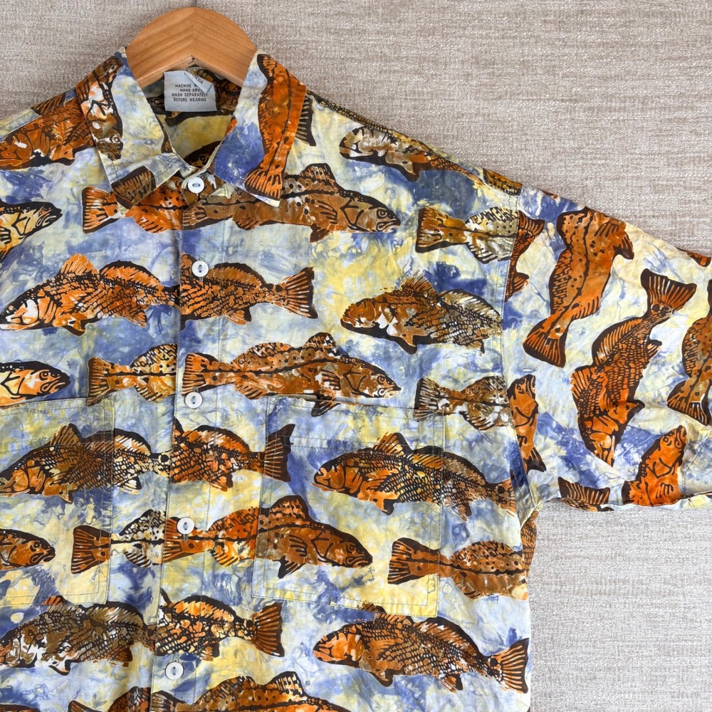 VTG 90s Rum Reggae Fish AOP Button Down Camp Shirt Men M Dadcore Cabana Eclectic